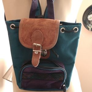 Vintage 90s Southwest Teal Purple Tan Suede Mini School Backpack